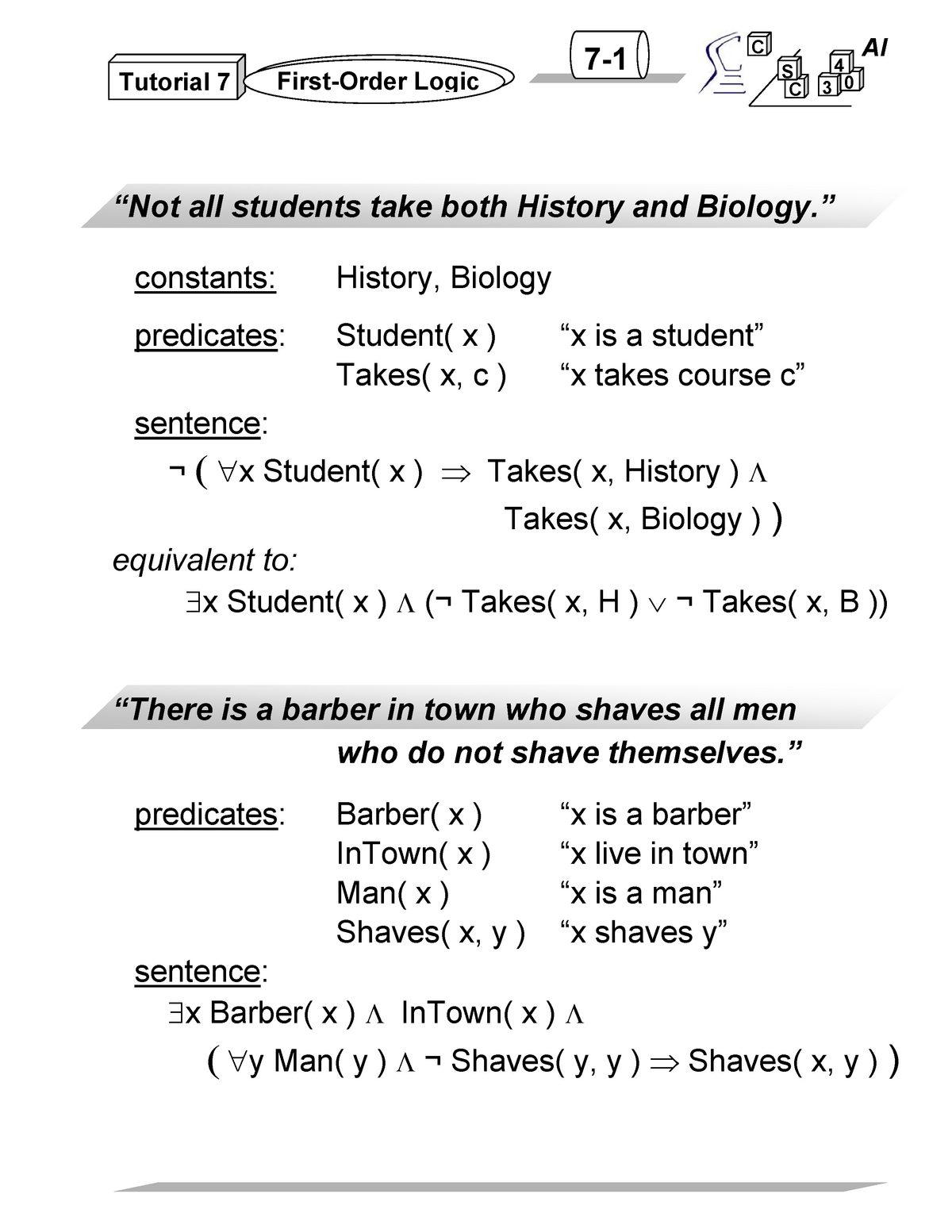 07S-First Order Logic - Tutorial - 7- Tutorial 7 First-Order Logic AI ...