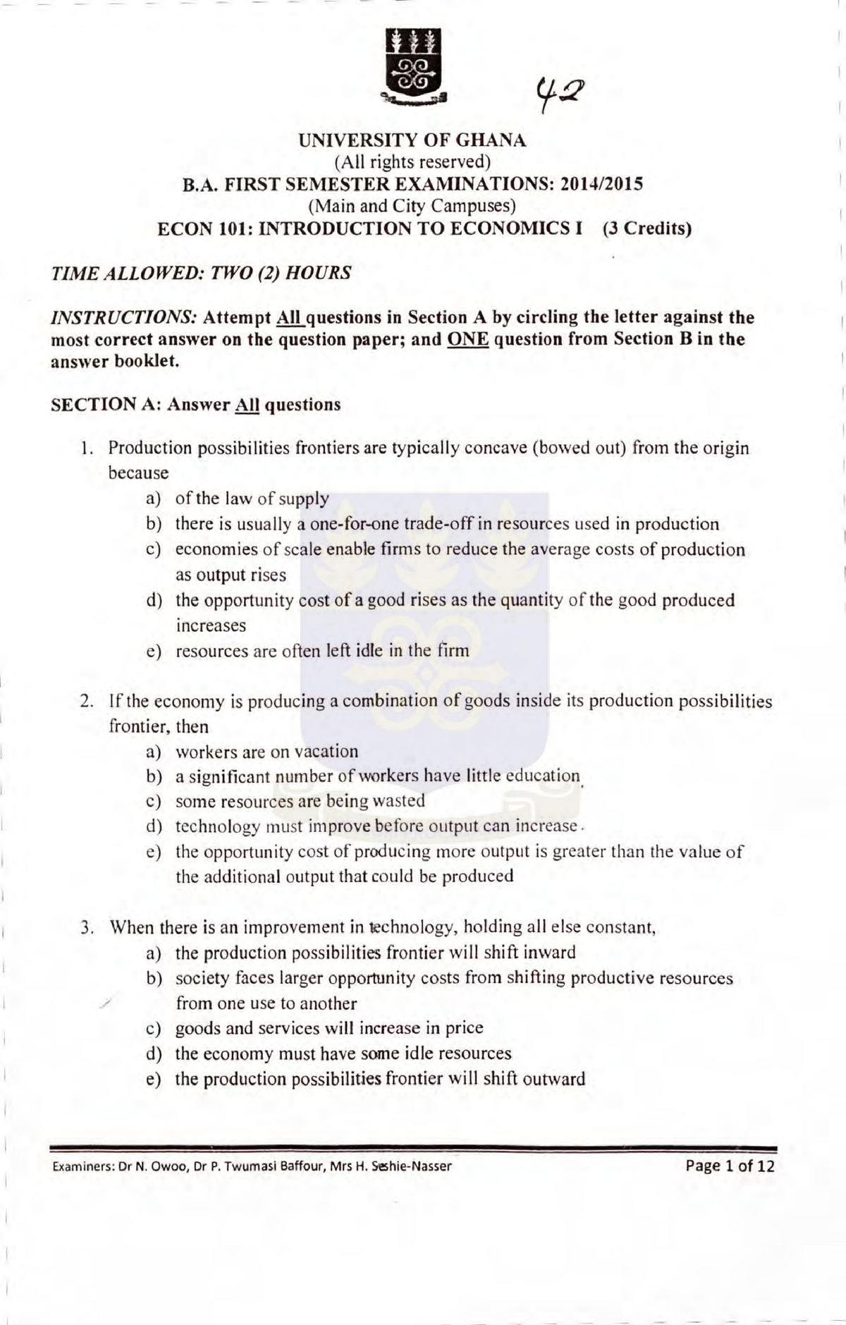 Exam December Questions University Of Ghana All Rights Reserved B First Semester 7761