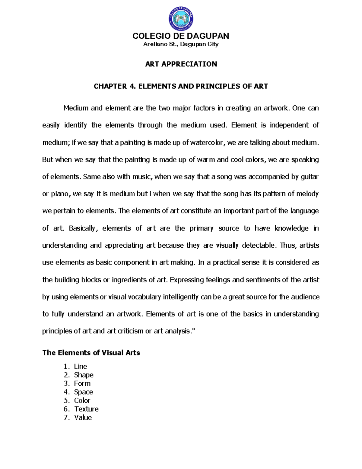 Chapter 4 Reading Material - **Art Appreciation Chapter 4. Elements And Principles Of Art** Medium - Studocu