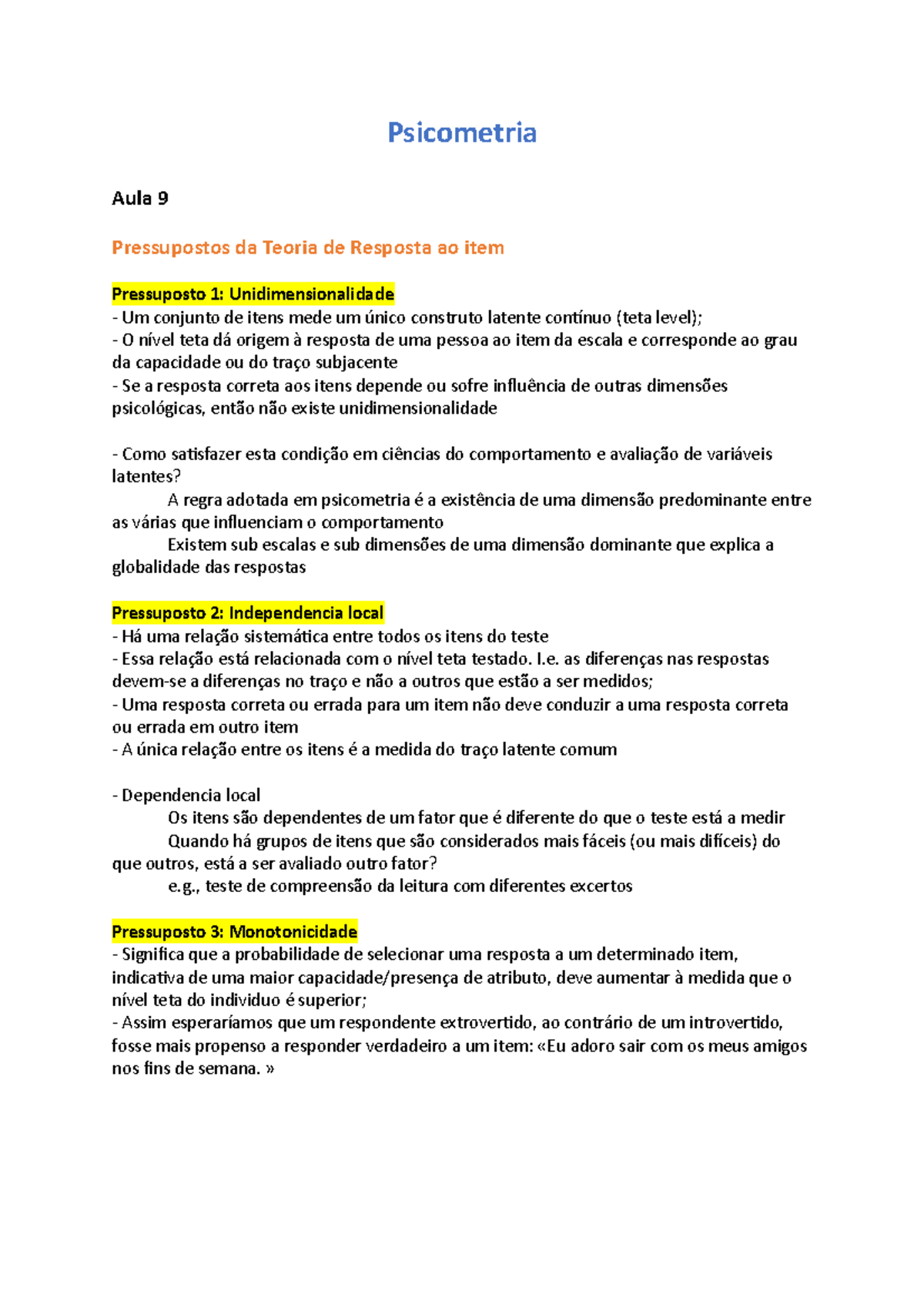 Psicometria Freq 2 - Psicometria Aula 9 Pressupostos Da Teoria De ...