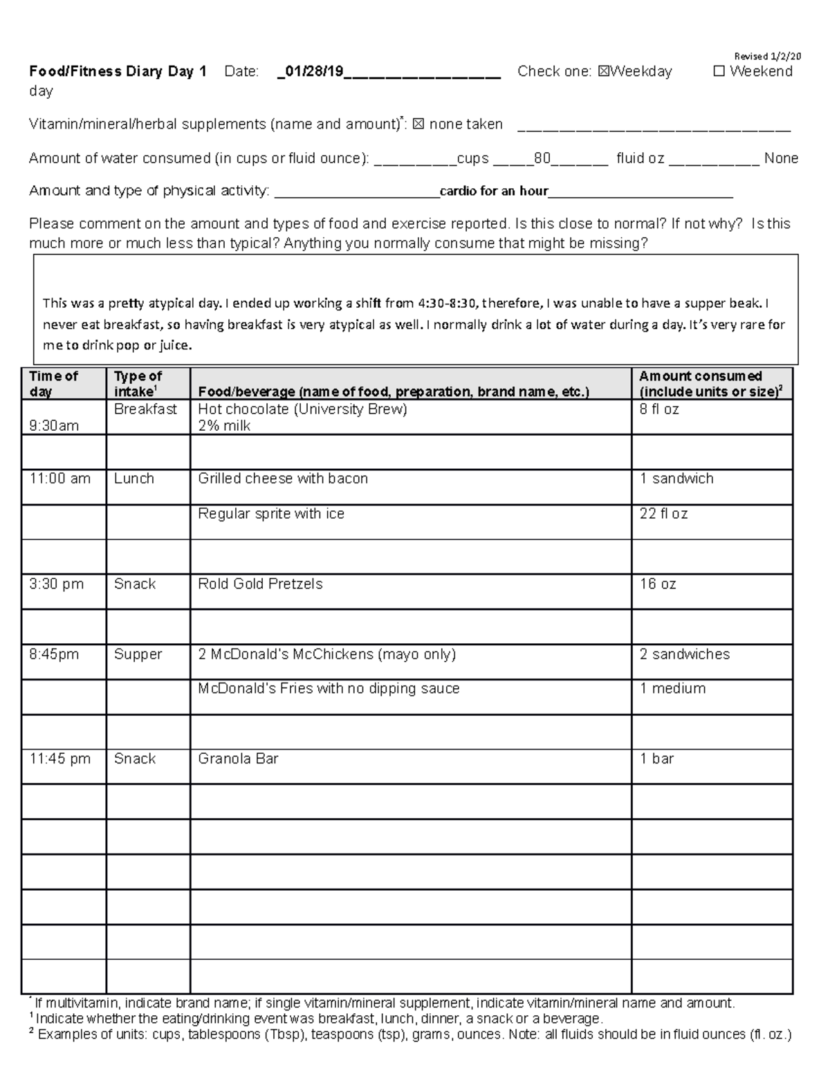 Food And Fitness 3 day Record Food Fitness Diary Day 1 Date 01 28 19