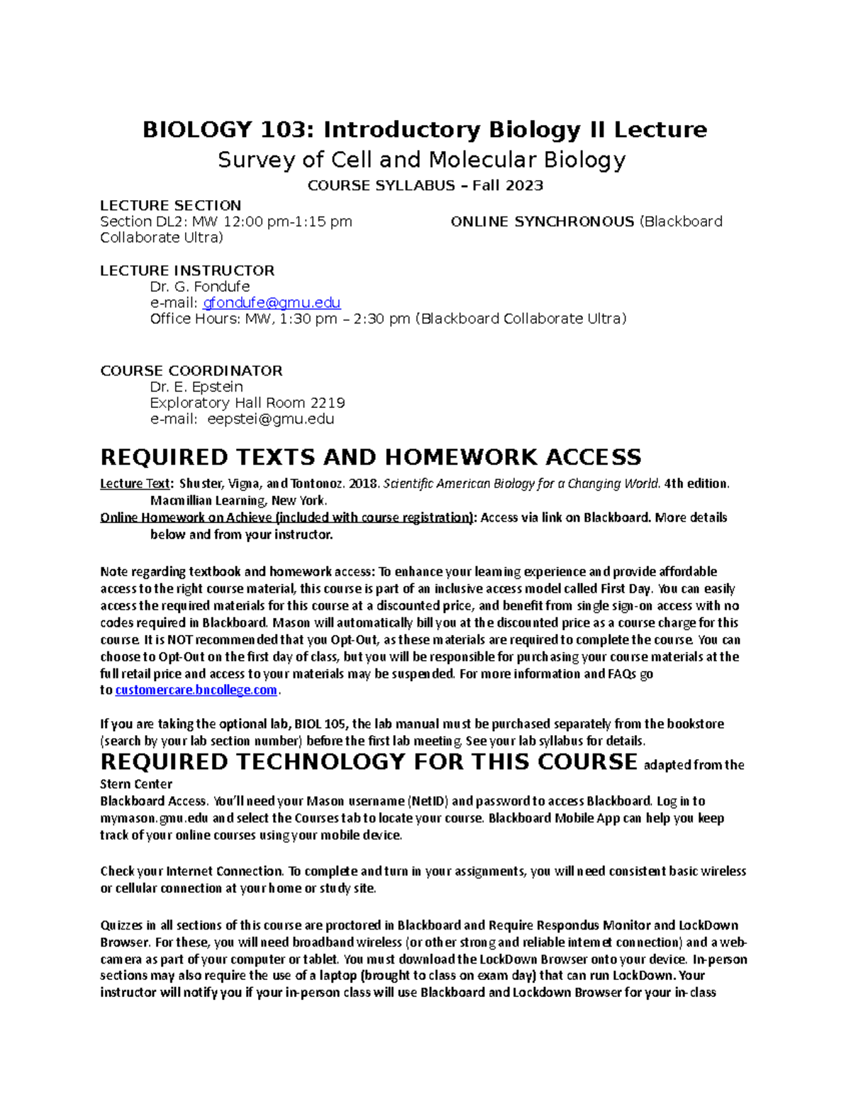 BIOL103-syllabus-DL2-Fall2023 (14) - BIOLOGY 103: Introductory Biology ...