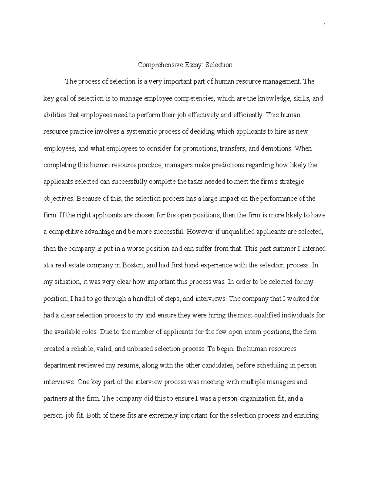 Comprehensive Essay - Grade: A - 1 Comprehensive Essay: Selection The ...