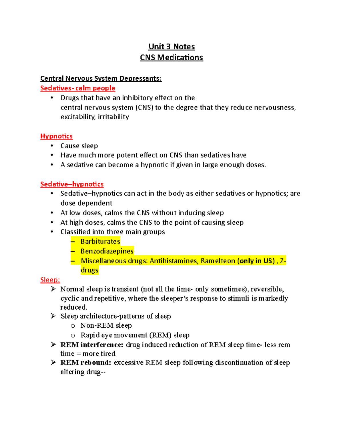 Unit 3 Notes - teacher Lizz Dom - Unit 3 Notes CNS Medications Central ...