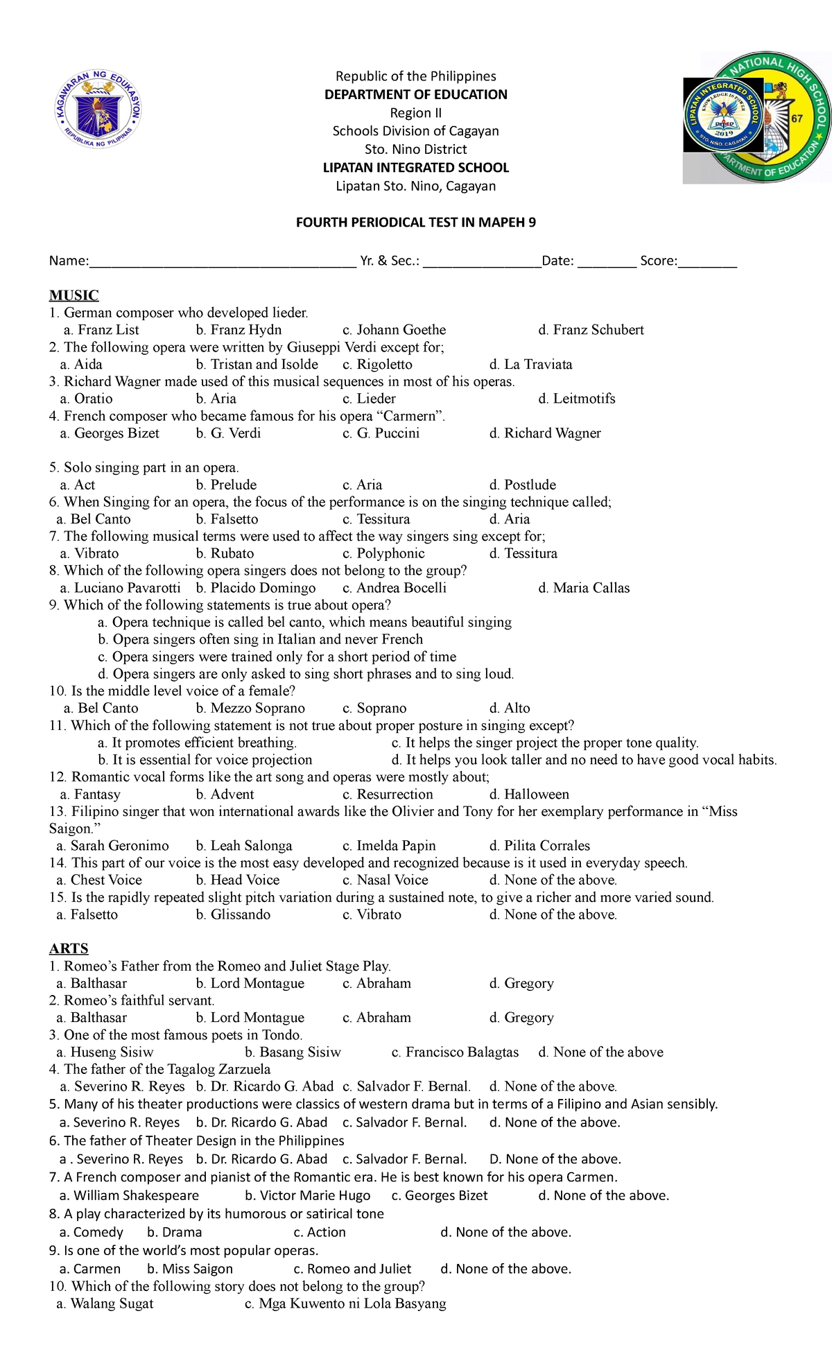 Mapeh 9 Q4 Test Questions Republic Of The Philippines Department Of Education Region Ii