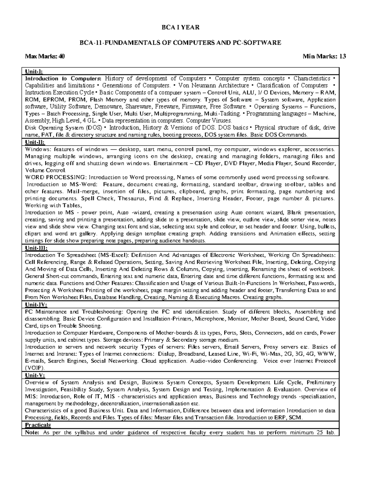 BCA course modules - BCA I YEAR BCA-11-FUNDAMENTALS OF COMPUTERS AND PC ...