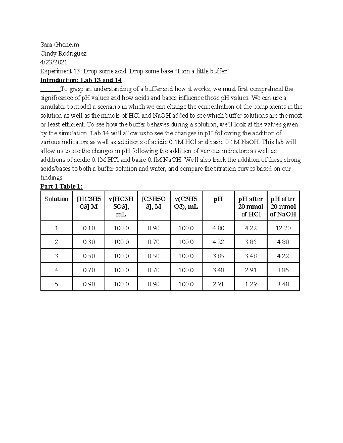 Lab 13 and 14 chem 106 lab Sara Ghoneim Cindy Rodriguez 4/23