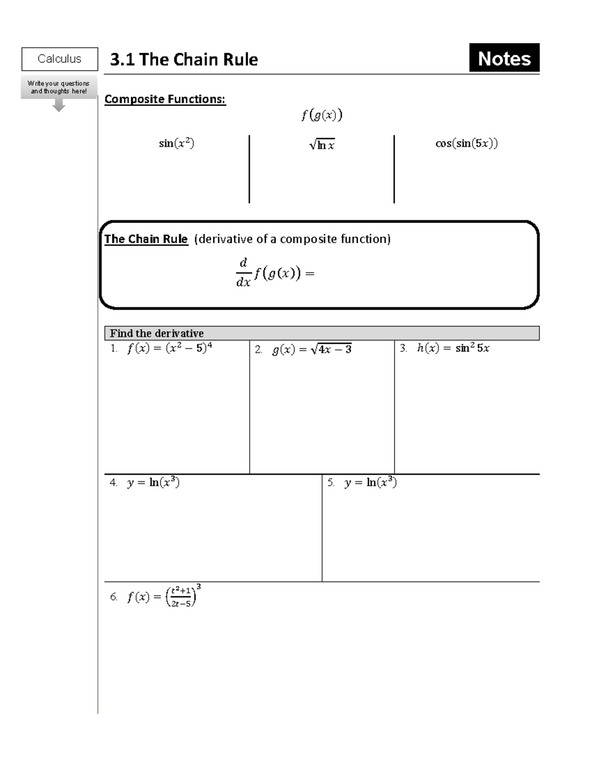 Calc 3 - work - Composite Functions: 𝑓൫𝑔 ( 𝑥 ) ൯ sin ( 𝑥 ଶ ) √ln 𝑥 cos ...