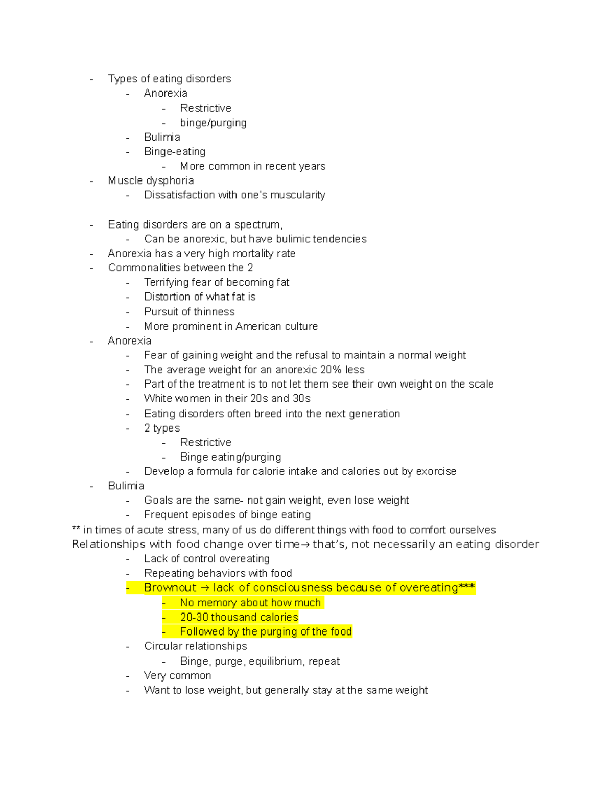 Chapter 10 in class notes - Types of eating disorders Anorexia ...