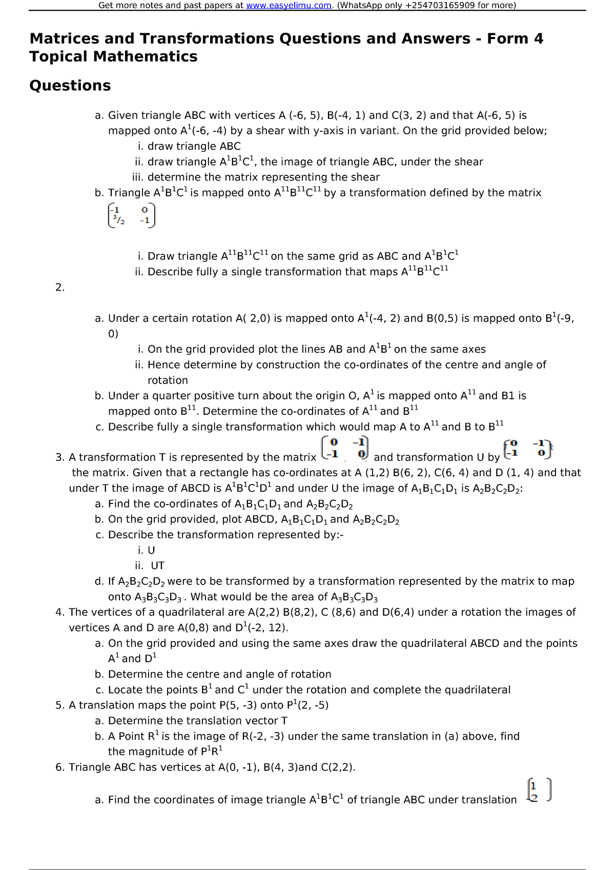 Matrices and Transformations Questions and Answers - Form 4 Topical ...