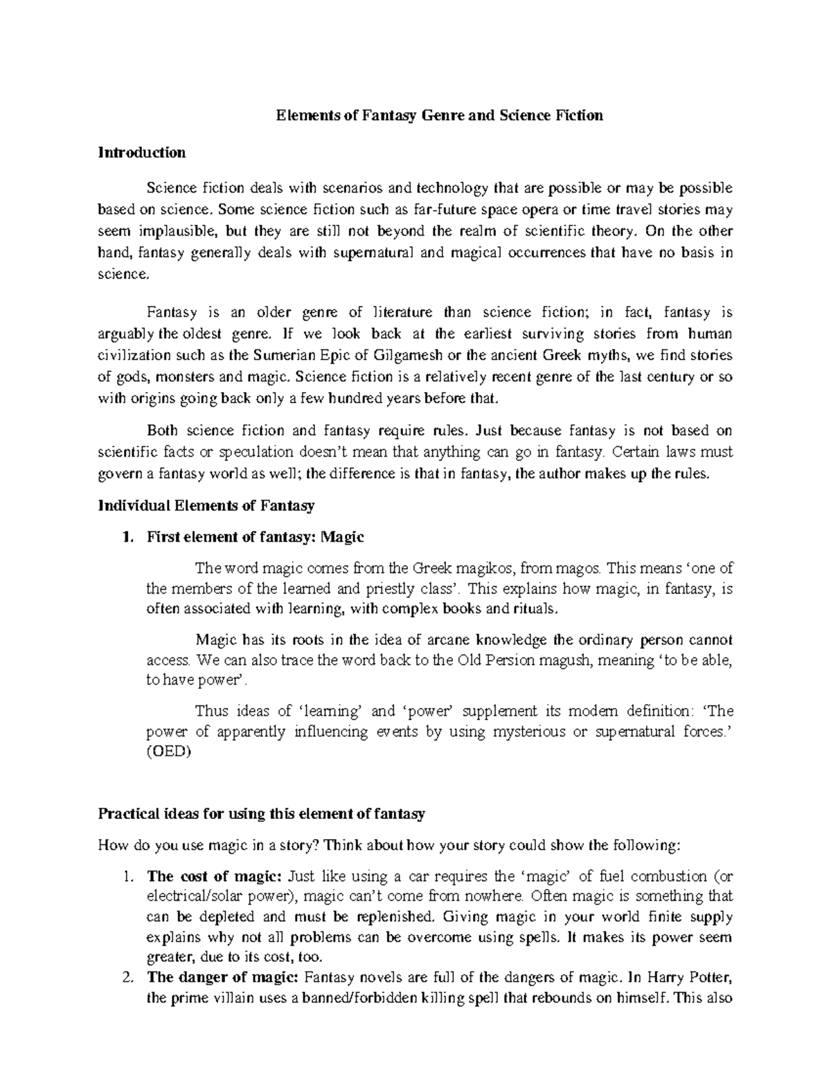 Elements of Fantasy Genre and Science Fiction Elements of Fantasy