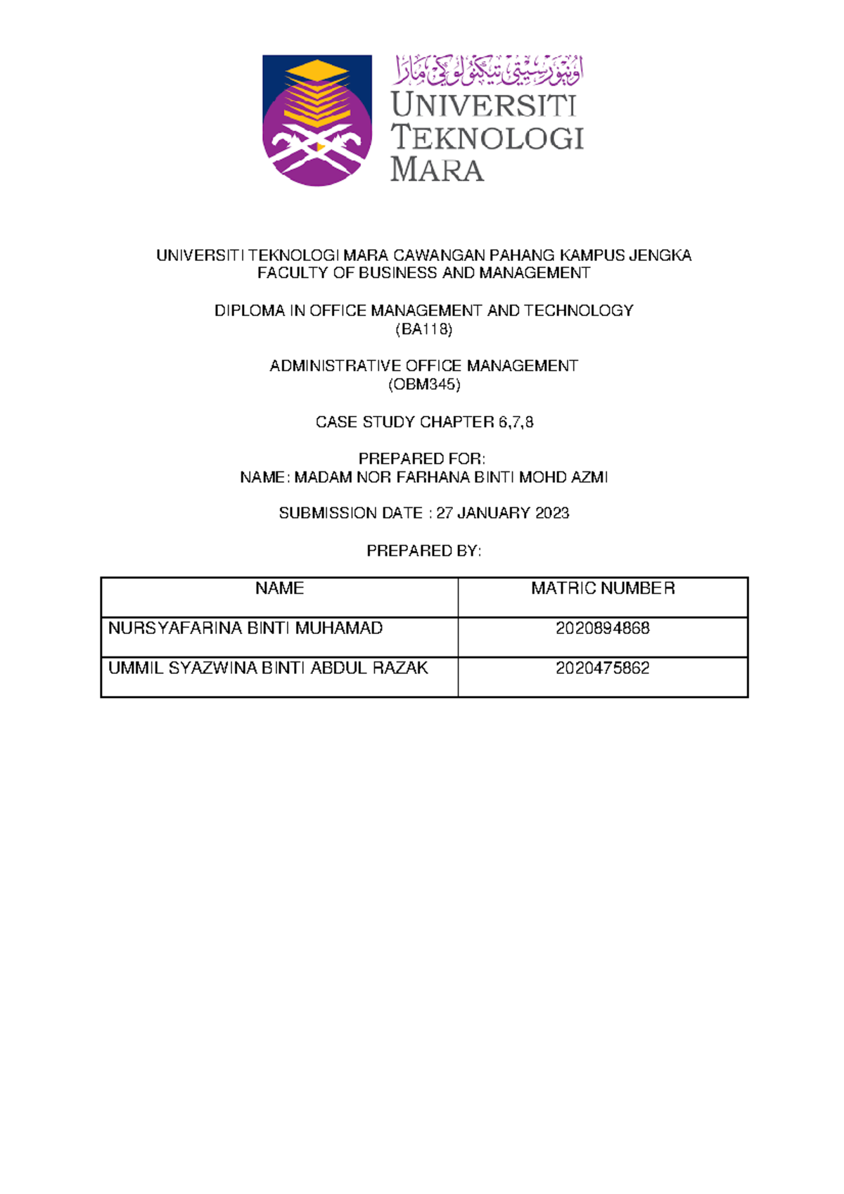 CASE Study OBM345 - UNIVERSITI TEKNOLOGI MARA CAWANGAN PAHANG KAMPUS ...