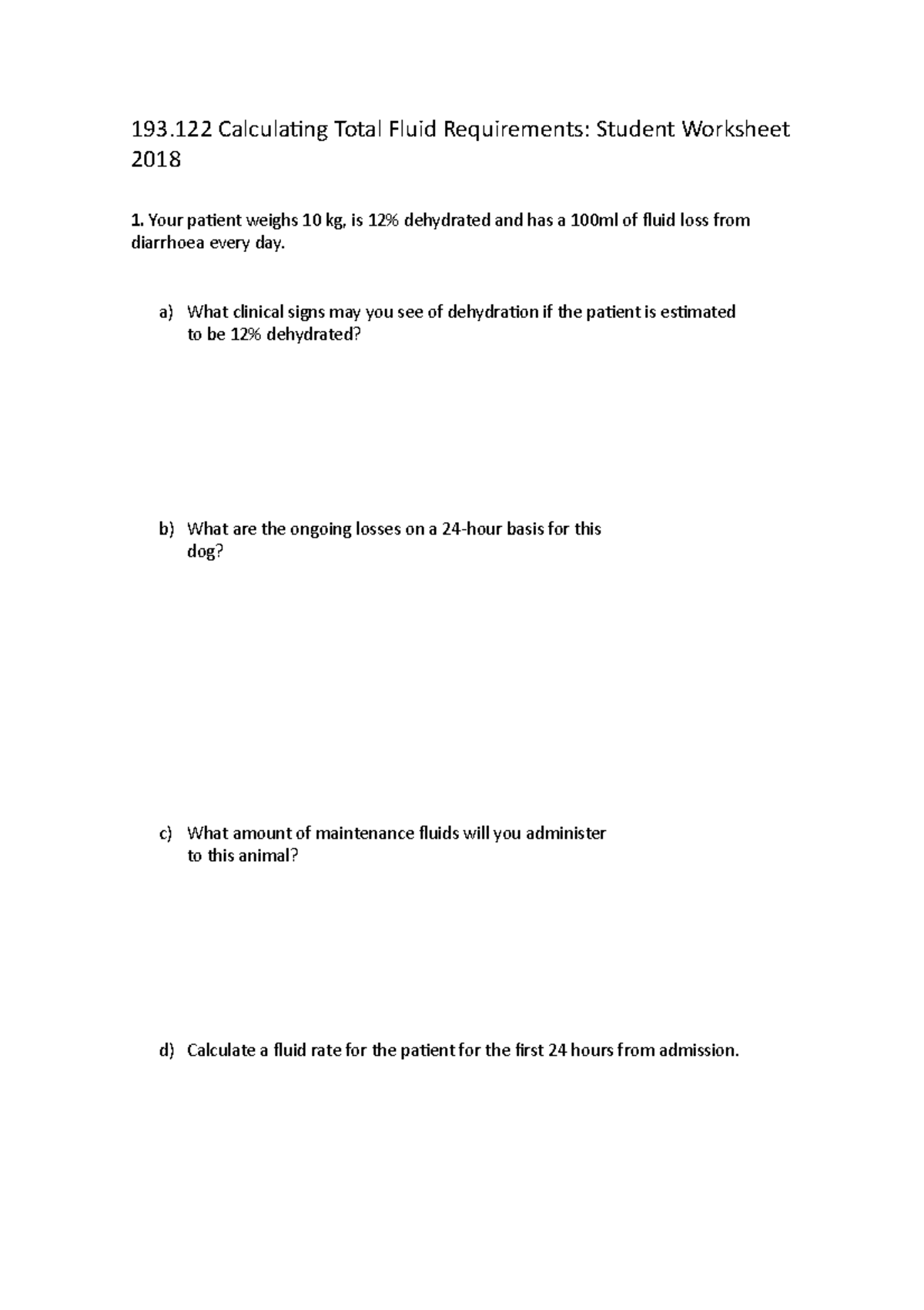 Fluid calculations worksheet 193 Calculating Total Fluid Requirements