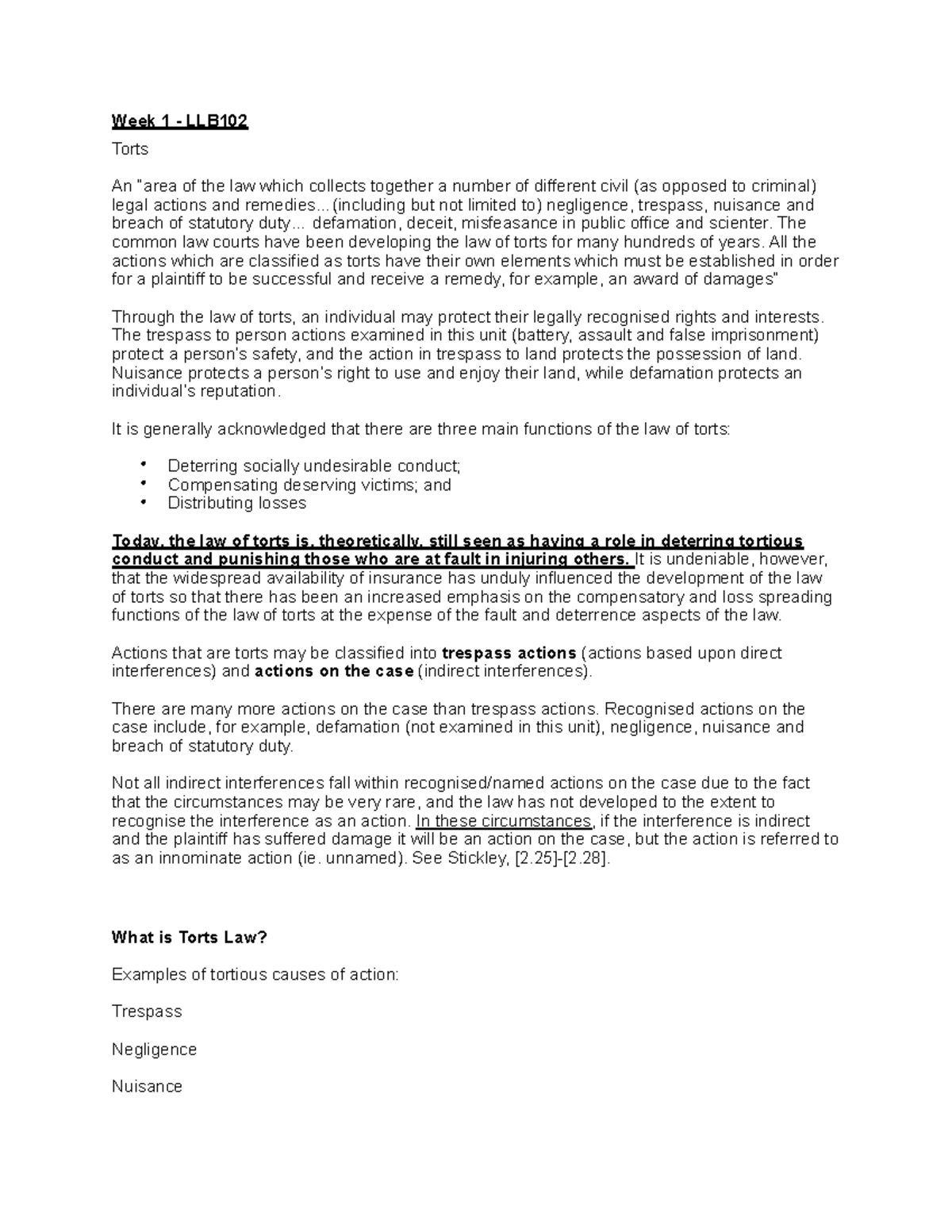 LLB102 Notes Weeks 1-3 - Week 1 - LLB Torts An “area of the law which ...