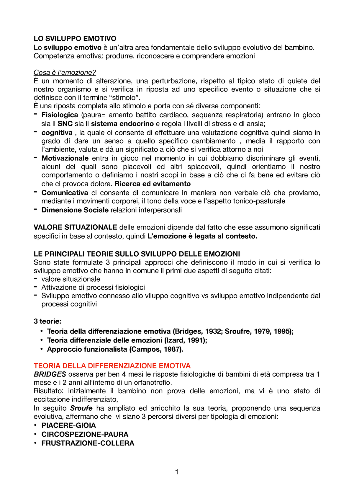 Emozioni e competenza emotiva, Appunti di Psicologia dello Sviluppo