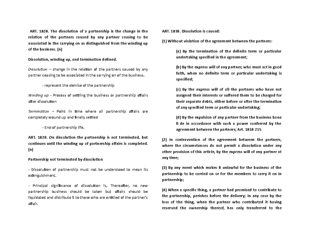 ART. 1828 - 1842 Dissolution and Winding Up Summary - ART. 1828. The ...