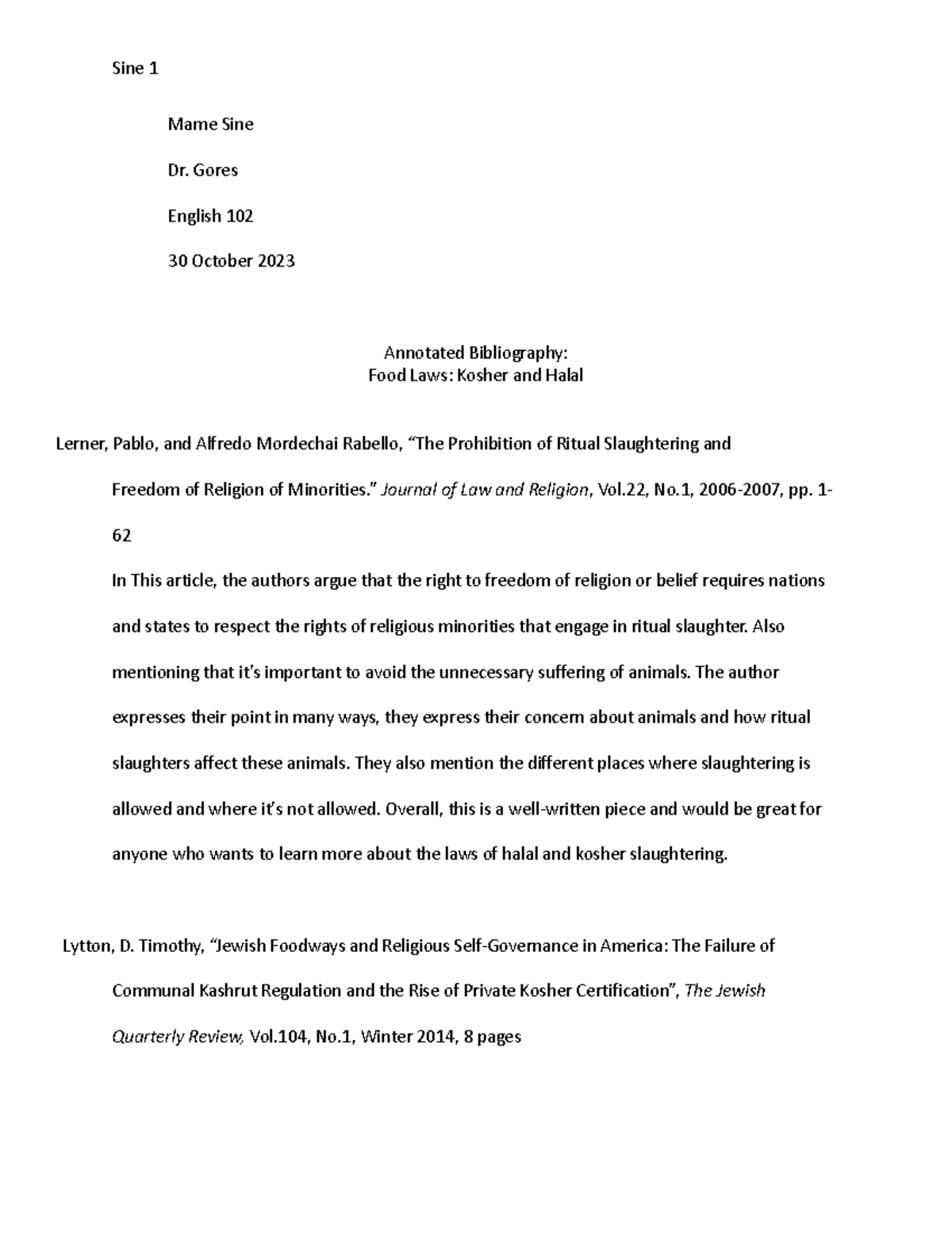 Annotated Bibliography - Sine 1 Mame Sine Dr. Gores English 102 30 ...