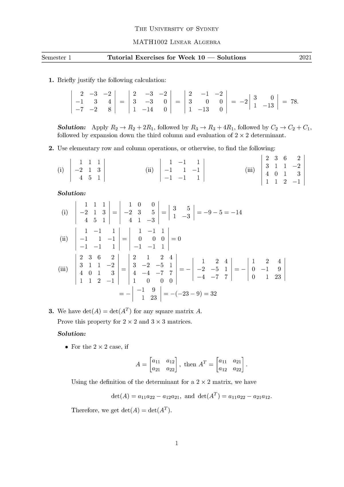 Week 10 Tutorial Solutions - The University Of Sydney MATH1002 Linear ...