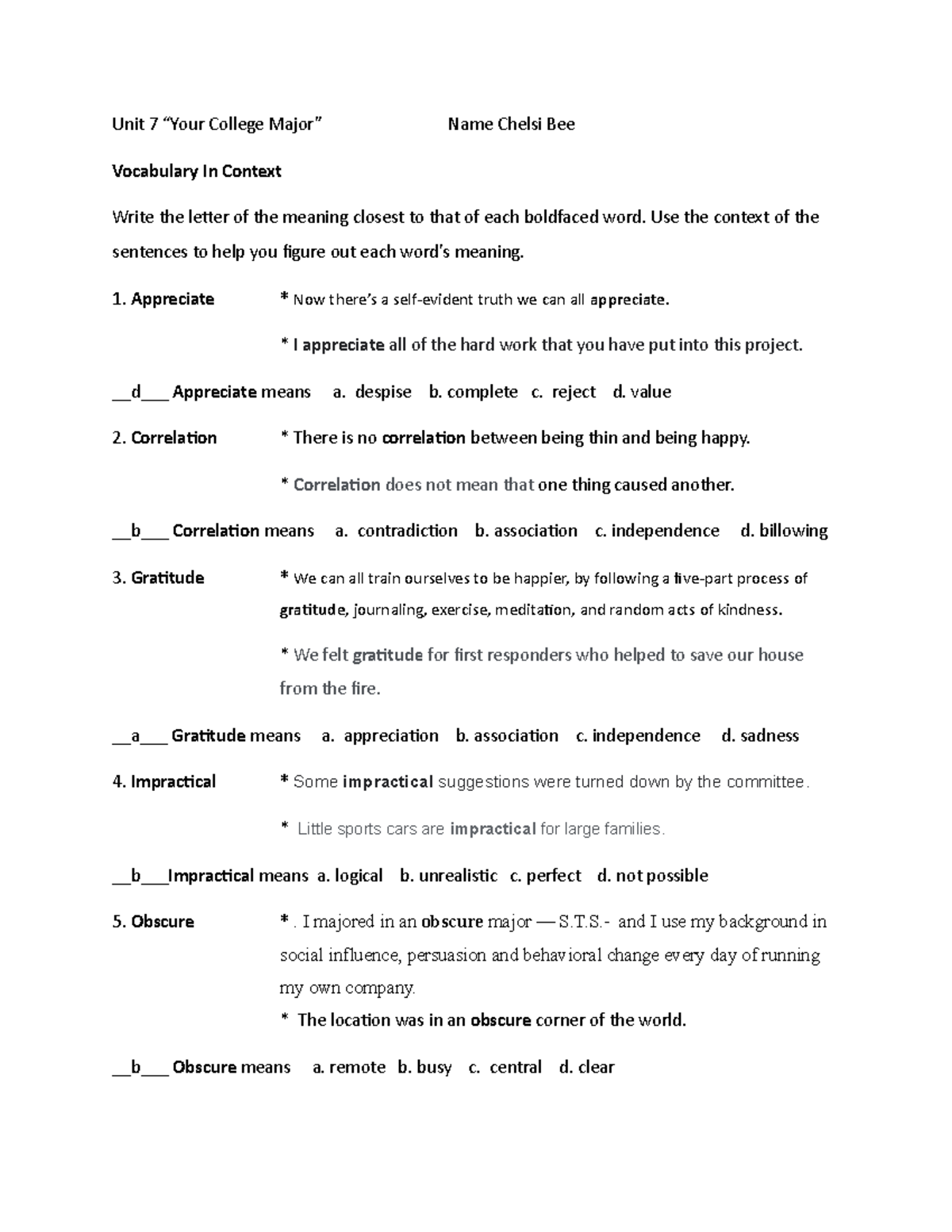 Unit 8 vocabulary in context 2 - Unit 7 “Your College Major” Name ...