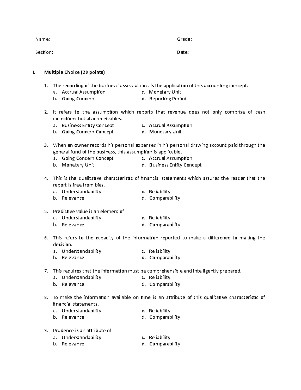 Quiz 2 - quiz 2 - Name: Grade: Section: Date: I. Multiple Choice (20 ...