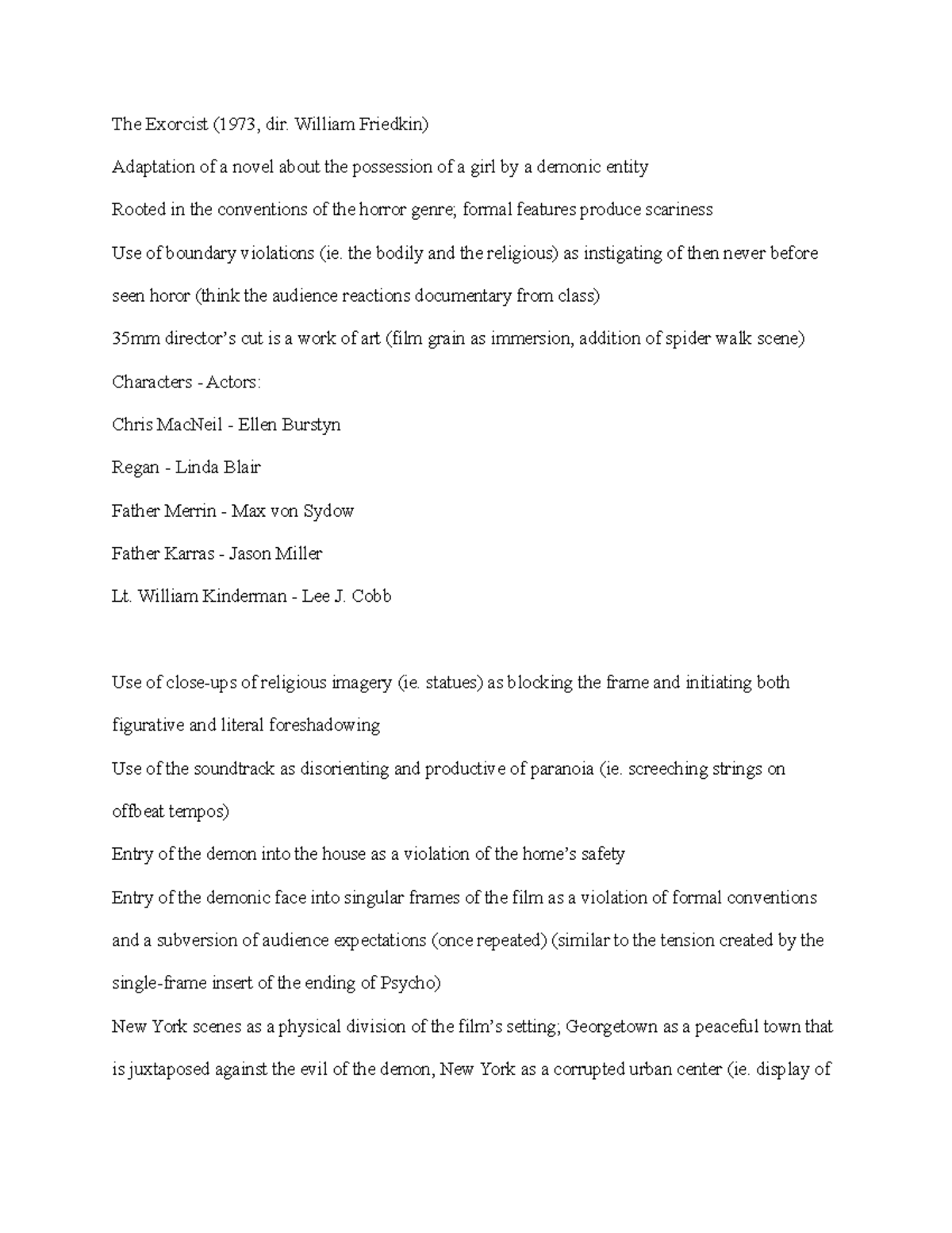 The Exorcist Notes - Summary of above mentioned movie - The Exorcist ...