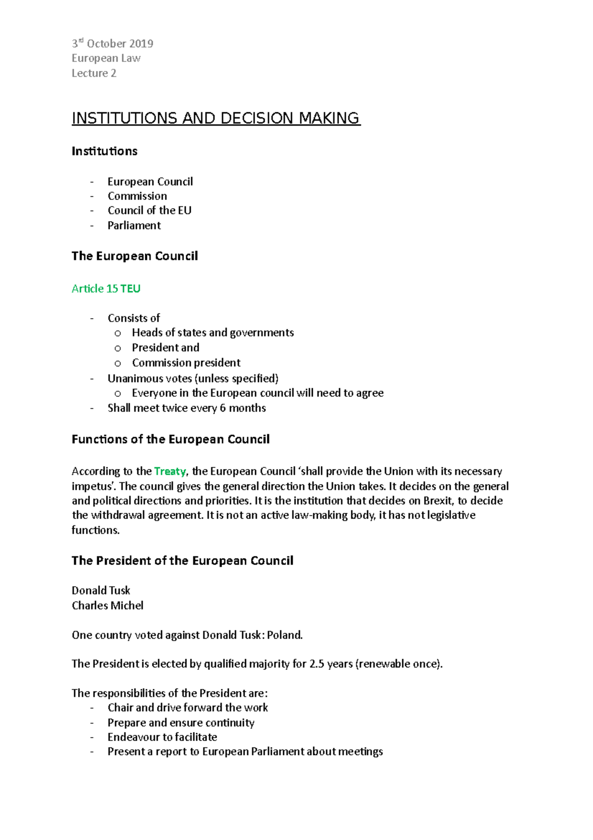 L2 EU institutions - European Law Lecture 2 INSTITUTIONS AND DECISION ...
