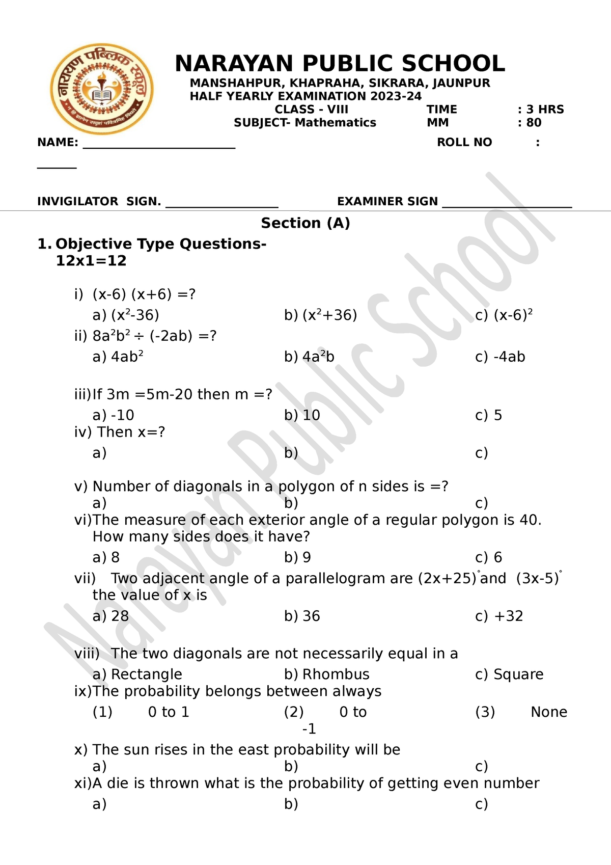 Class VIII Maths - Explained The Question - NARAYAN PUBLIC SCHOOL ...