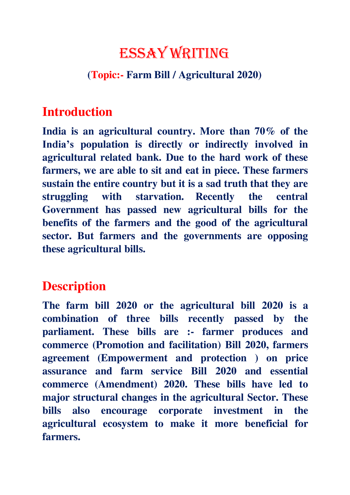 agricultural essay topics