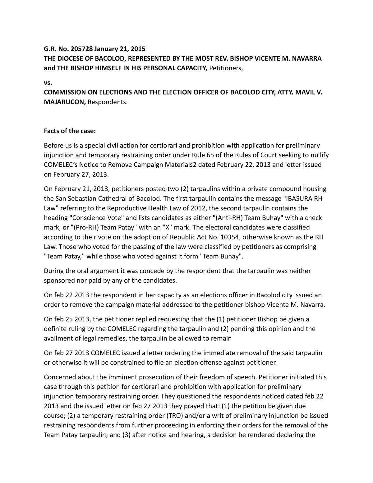 THE Diocese OF Bacolod Vs Comelec - G. No. 205728 January 21, 2015 THE ...