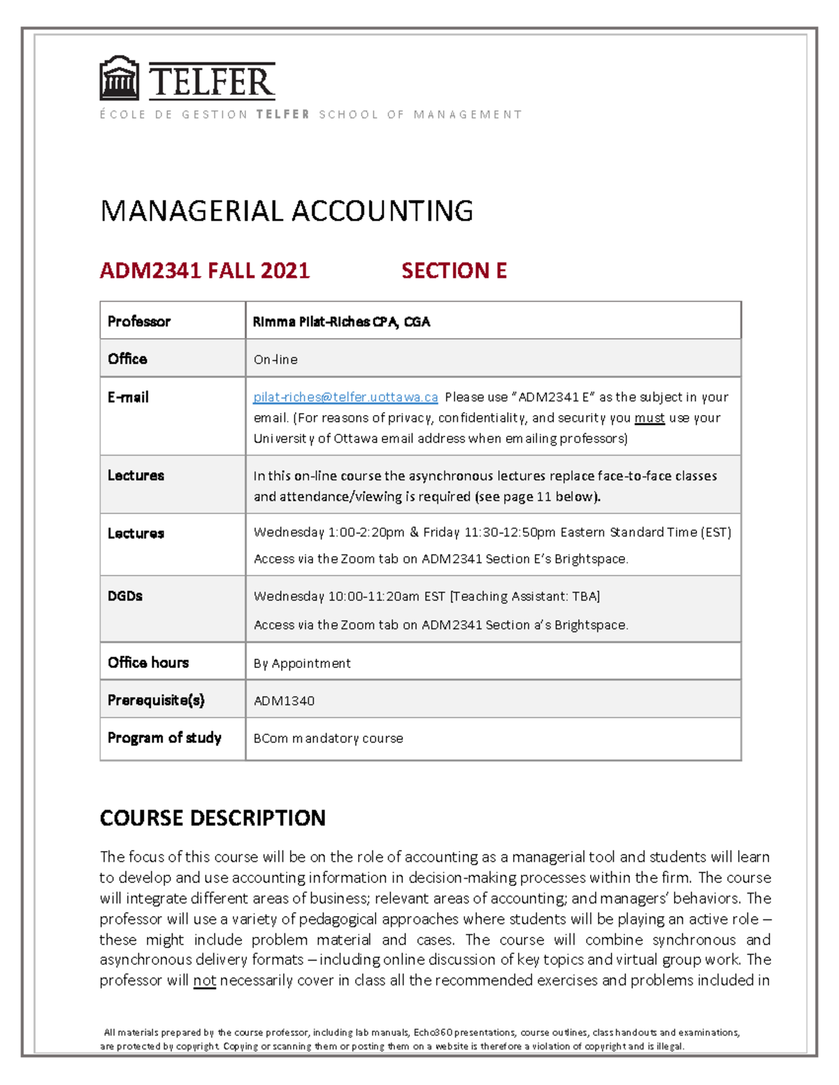 Adm 2341 Managerial Accounting Syllabus Fall 2021 é C O L E D E G E S T I O N T E L F E R S C Adm 2341 Managerial Accounting Syllabus Fall 2021 é C O L E D E G E S T I O N T E L F E R S C
