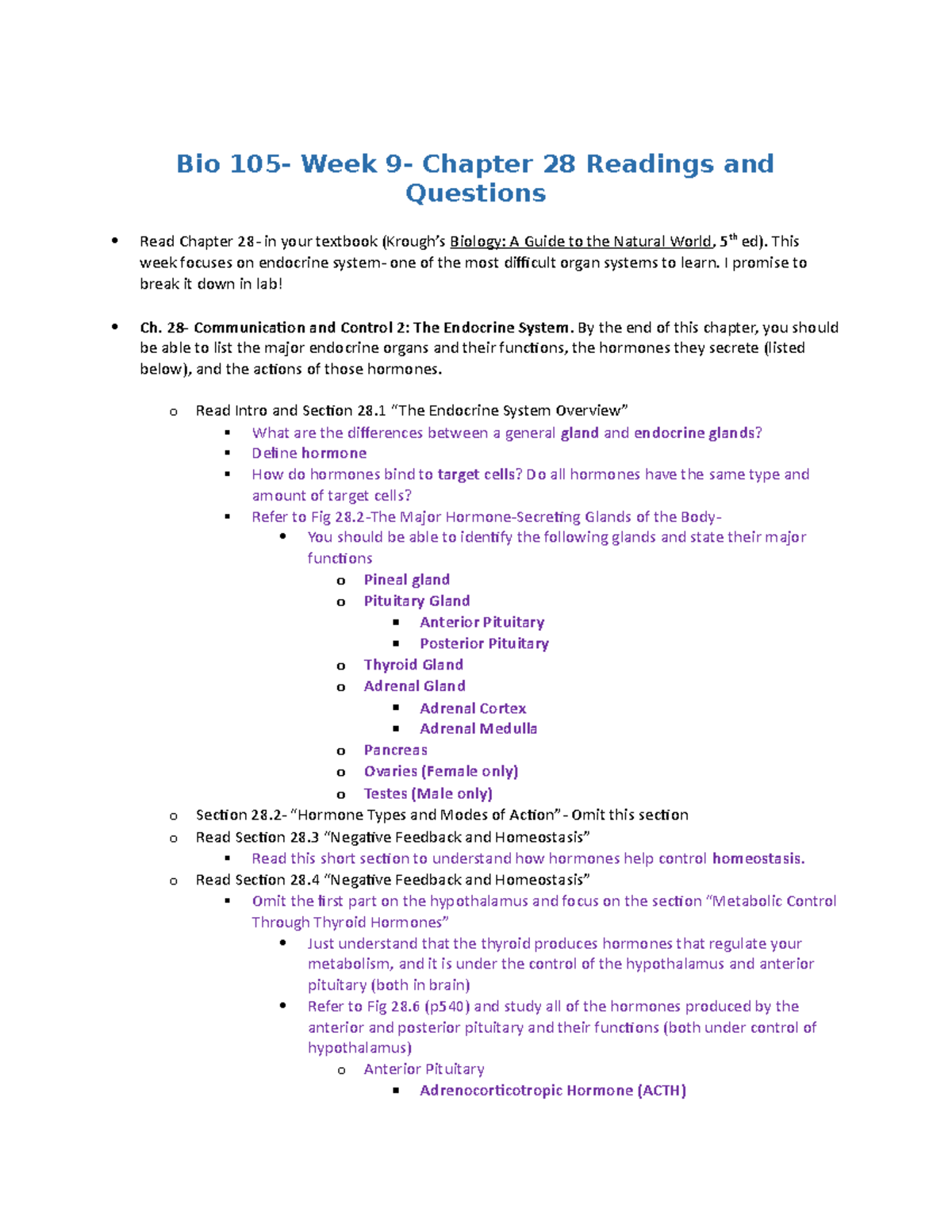Bio 105- Week 9 Handout-2 - Bio 105- Week 9- Chapter 28 Readings and ...
