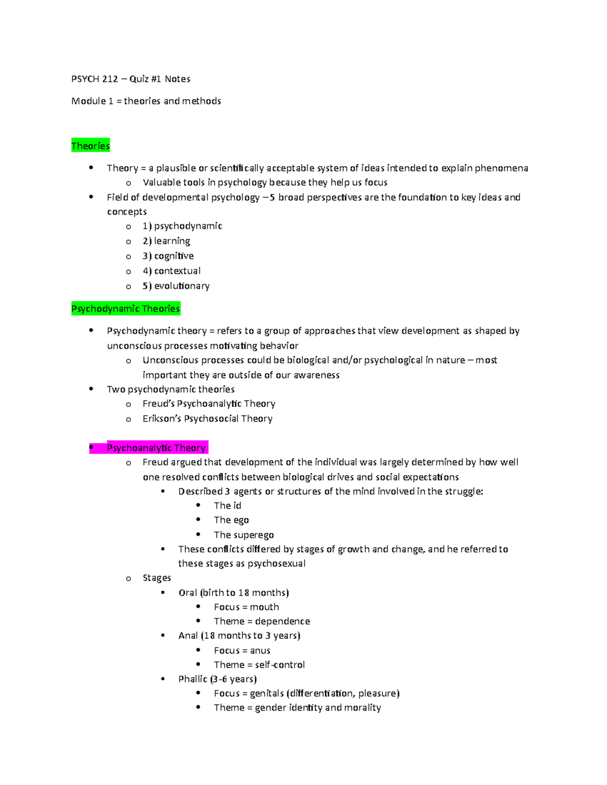 Module 1 and 2 Notes - PSYCH 212 – Quiz #1 Notes Module 1 = theories ...