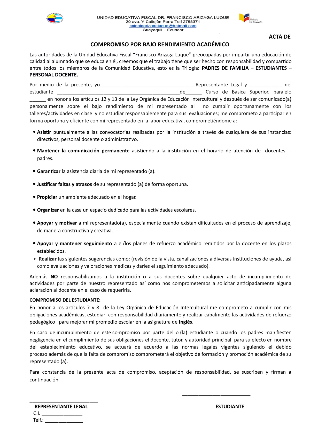 Acta Compromiso Desempeño - ACTA DE COMPROMISO POR BAJO RENDIMIENTO  ACADÉMICO Las autoridades de la - Studocu