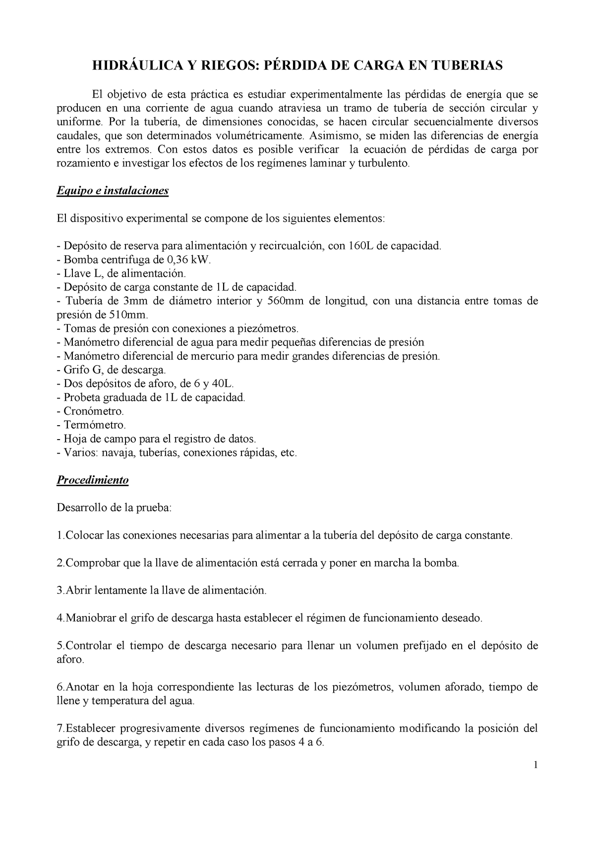 Practica 2.- Perdida DE Carga EN Tuberias - HIDRÁULICA Y RIEGOS ...