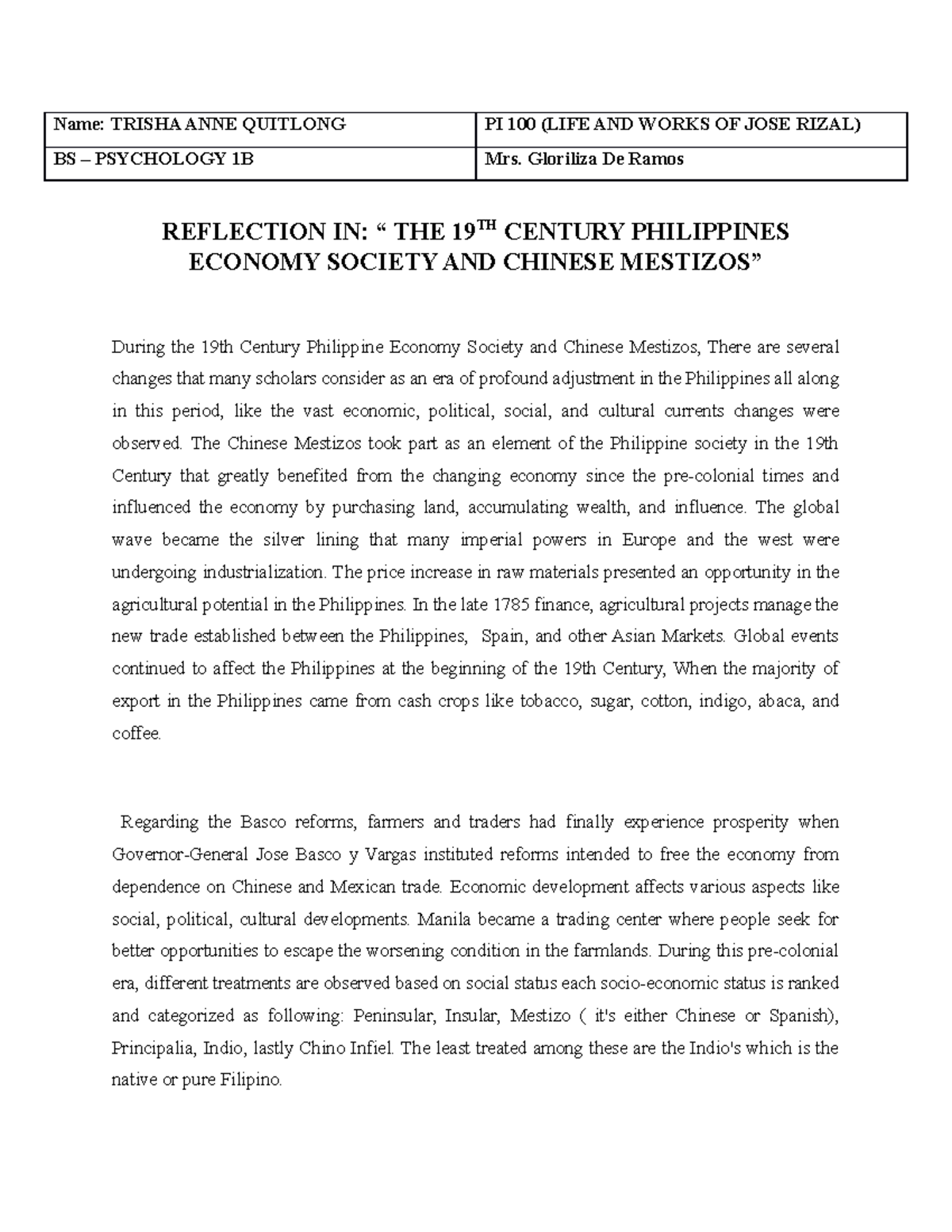 Pi100 Act1the 19th Century Philippines Economy Society And Chinese Mestizos” Bs Psychology 3767