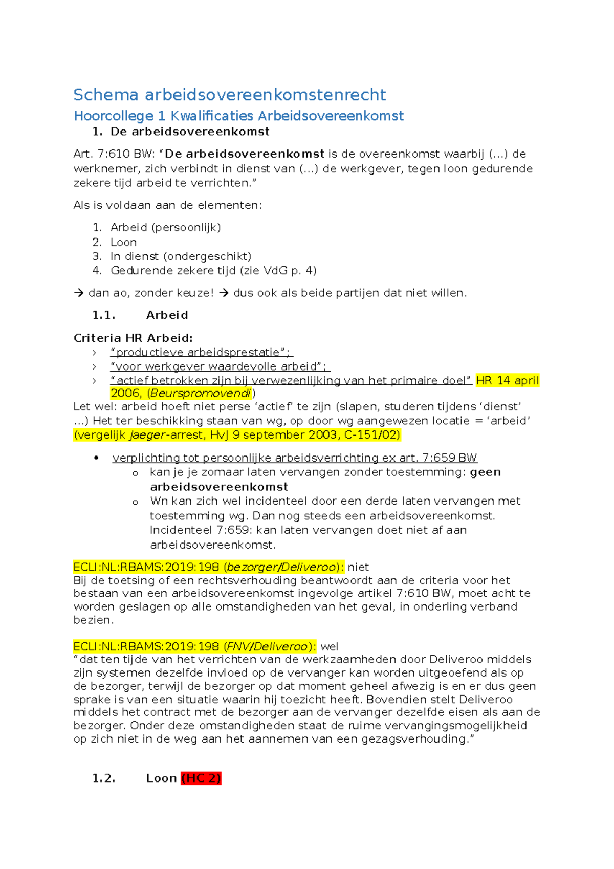 Schema Arbeidsovereenkomstenrecht Week 1 En 2 - Schema ...