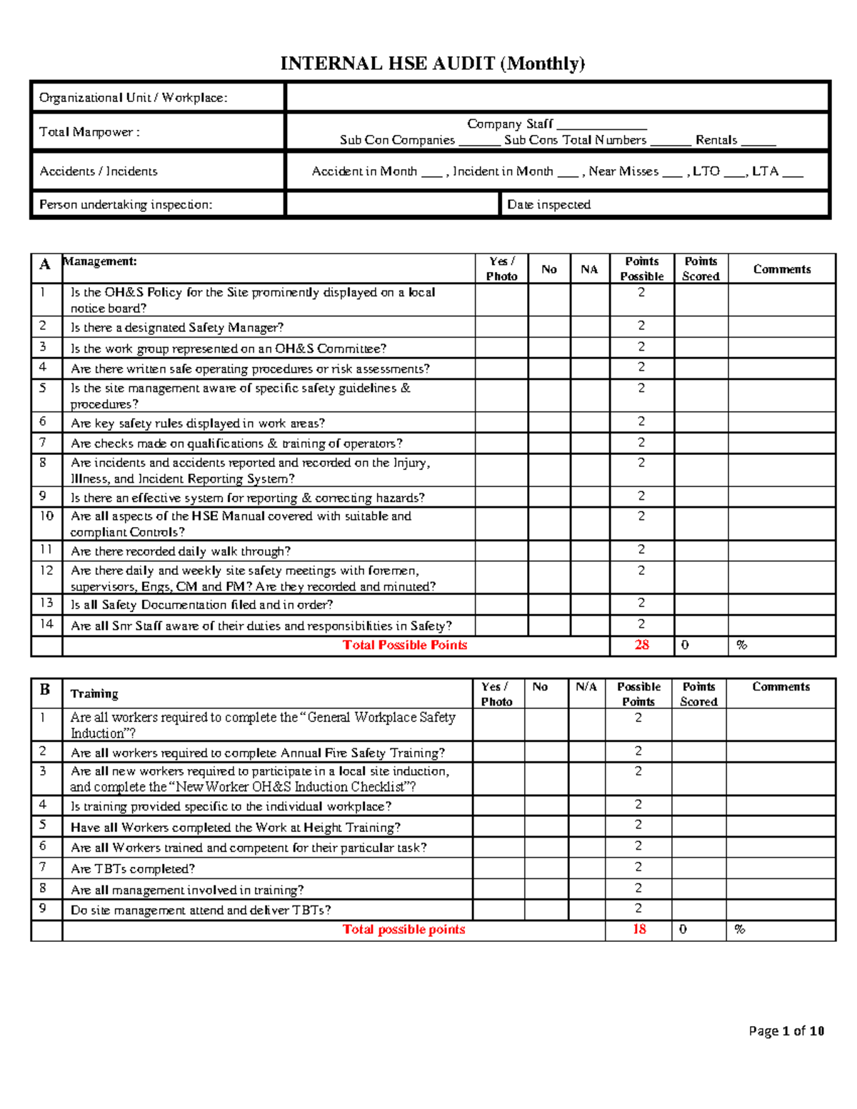 Monthly HSE Internal Audit Cheklist - INTERNAL HSE AUDIT (Monthly ...