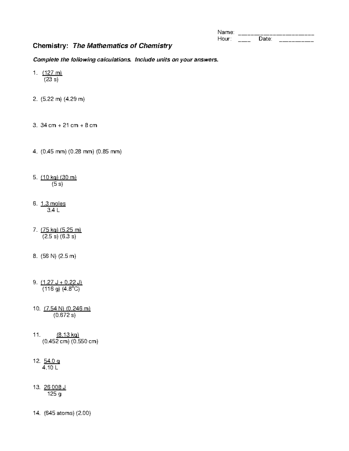 8mathofchem - math problems - Name:Hour ...
