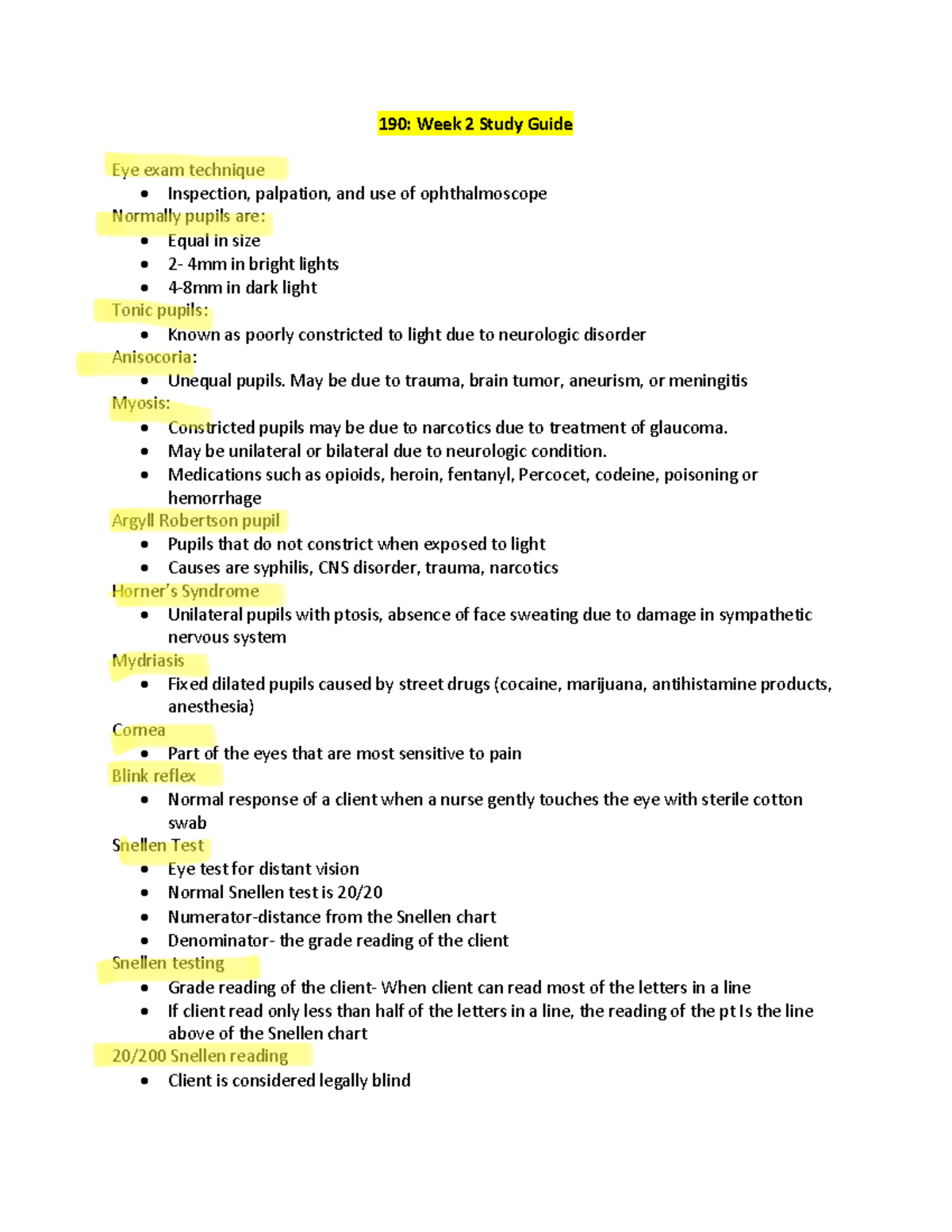 190- week 2 study guide - 190: Week 2 Study Guide Eye exam technique ...