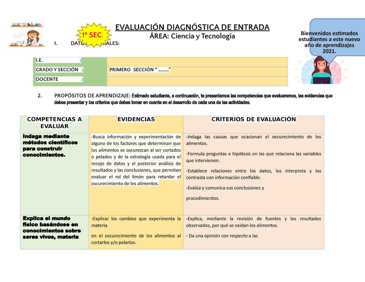 Evaluación Diagnostica Ciencia Y Tecnología Secundaria - EVALUACIÓN ...