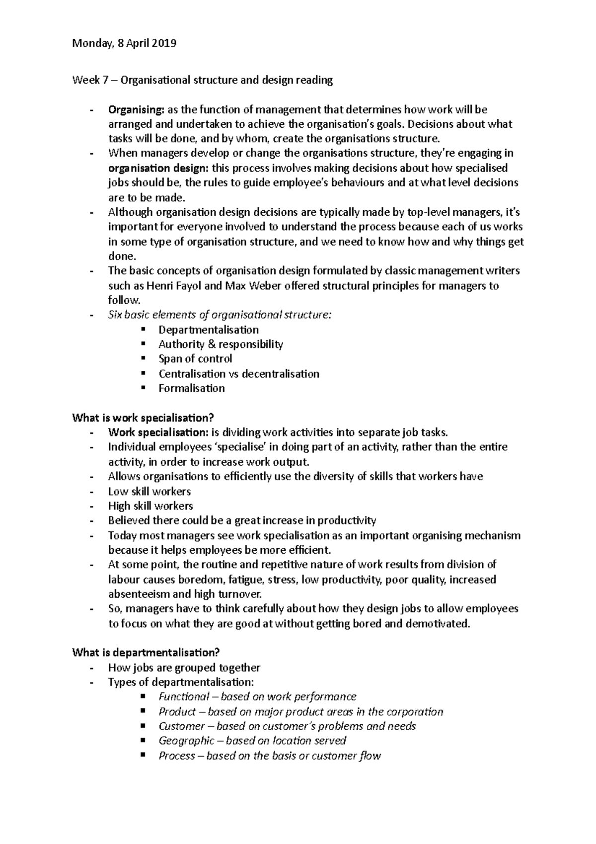 Week 7 reading - Week 7 – Organisational structure and design reading ...