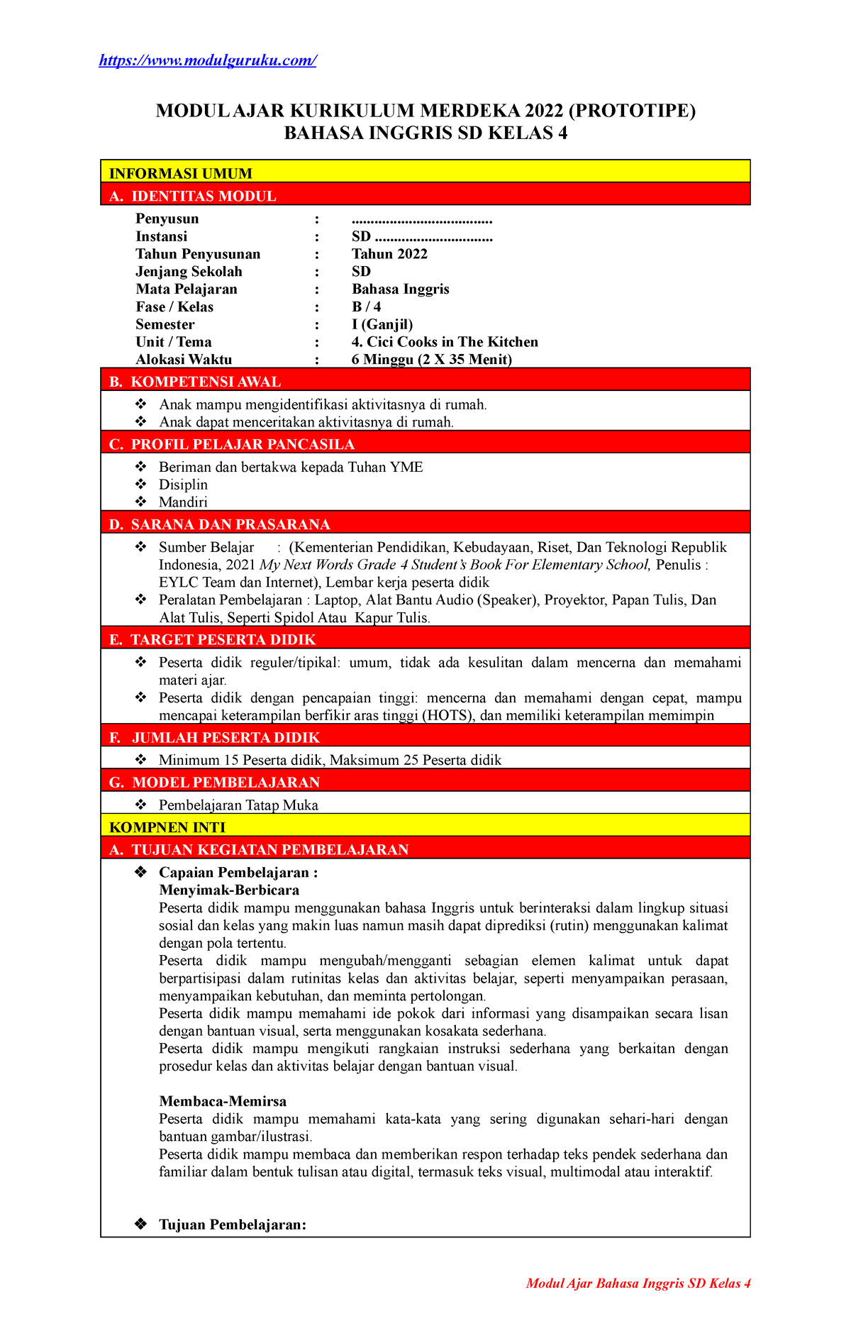 Modul Ajar Bahasa Inggris Unit 4 Kelas 4 - MODUL AJAR KURIKULUM MERDEKA ...