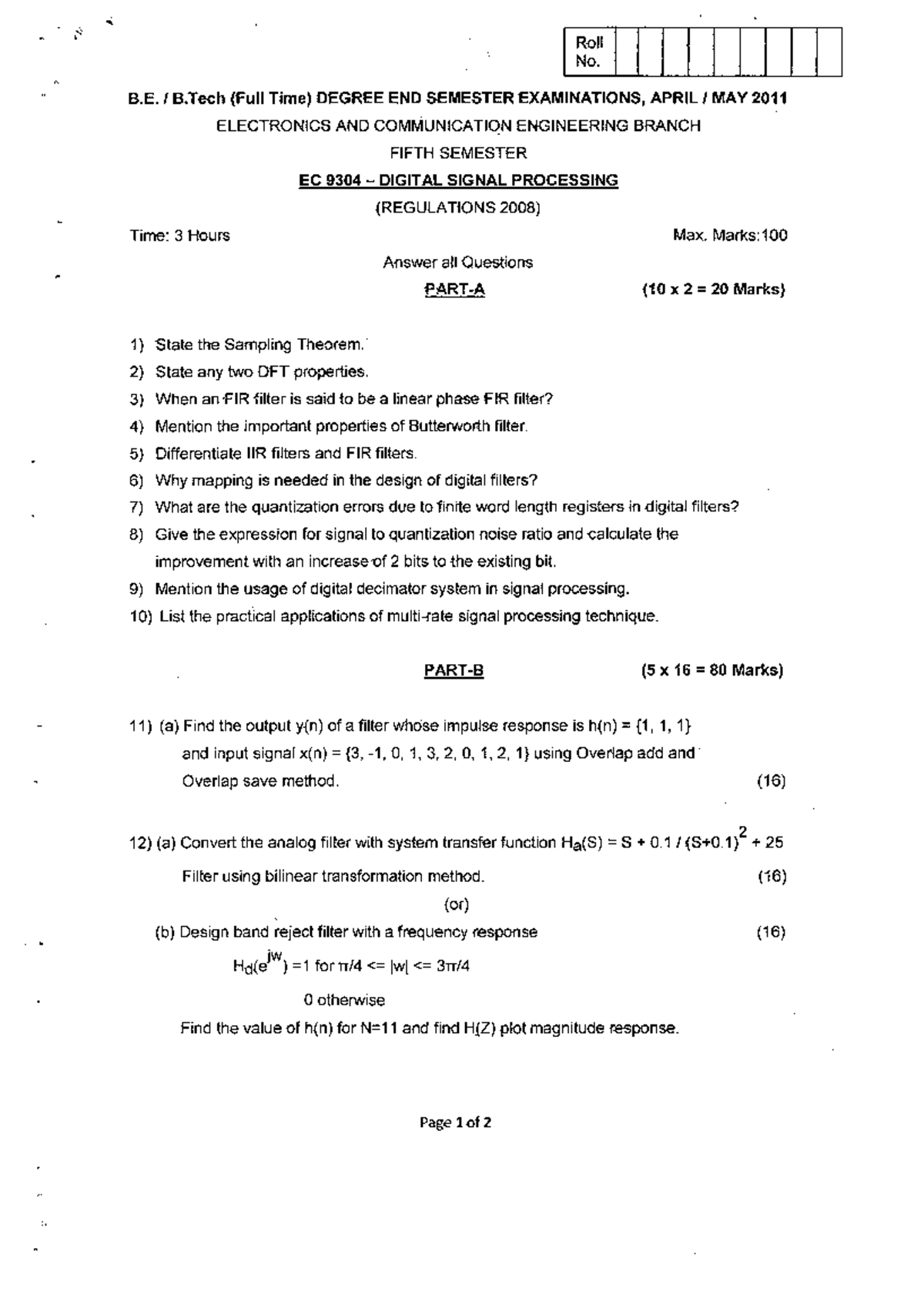 question paper digital signal processing - R o l l N o. B. E. / B. T e ...