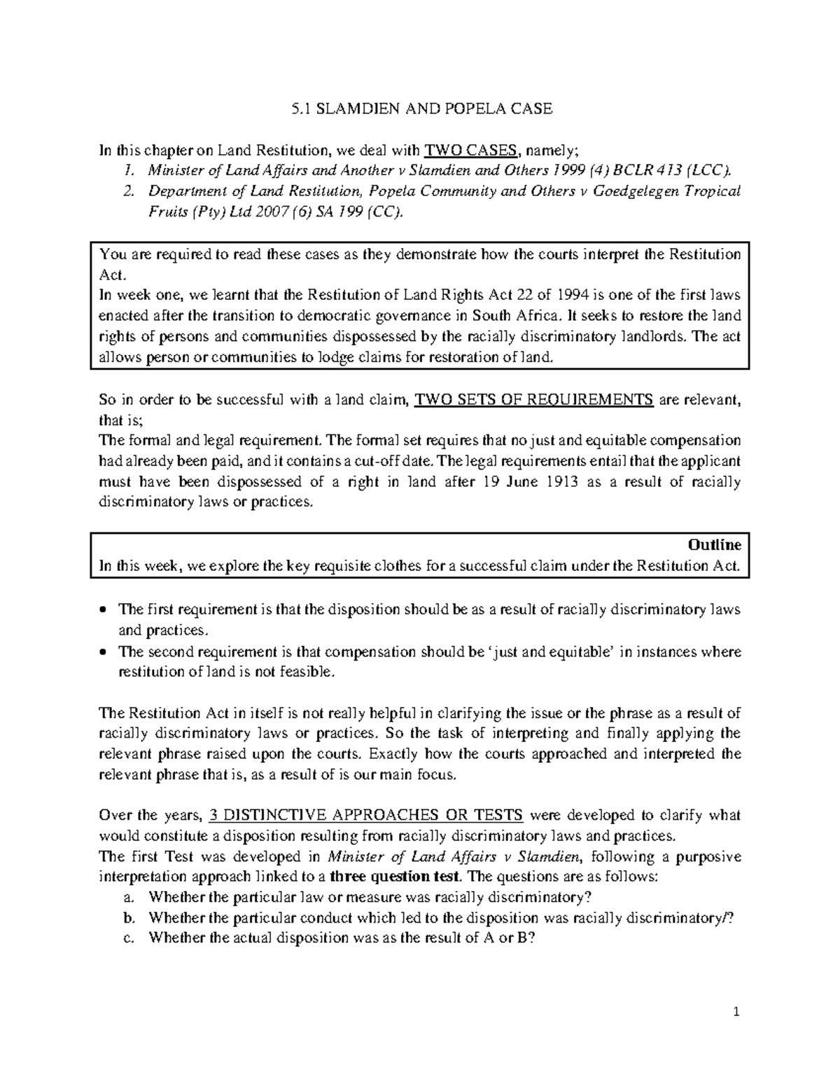 5. Land Restitution 5 SLAMDIEN AND POPELA CASE In this chapter on