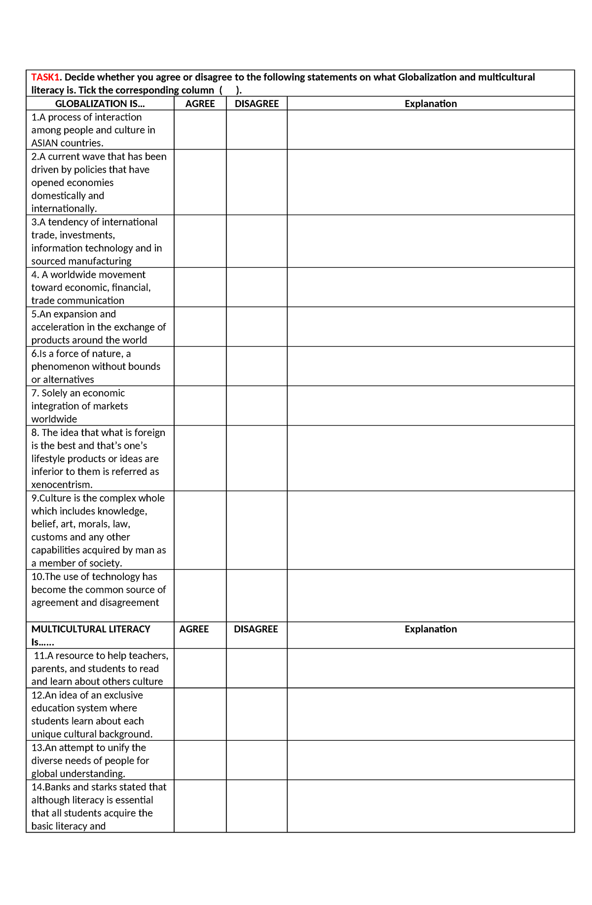 Globalization-and-multicultural - TASK1. Decide whether you agree or ...