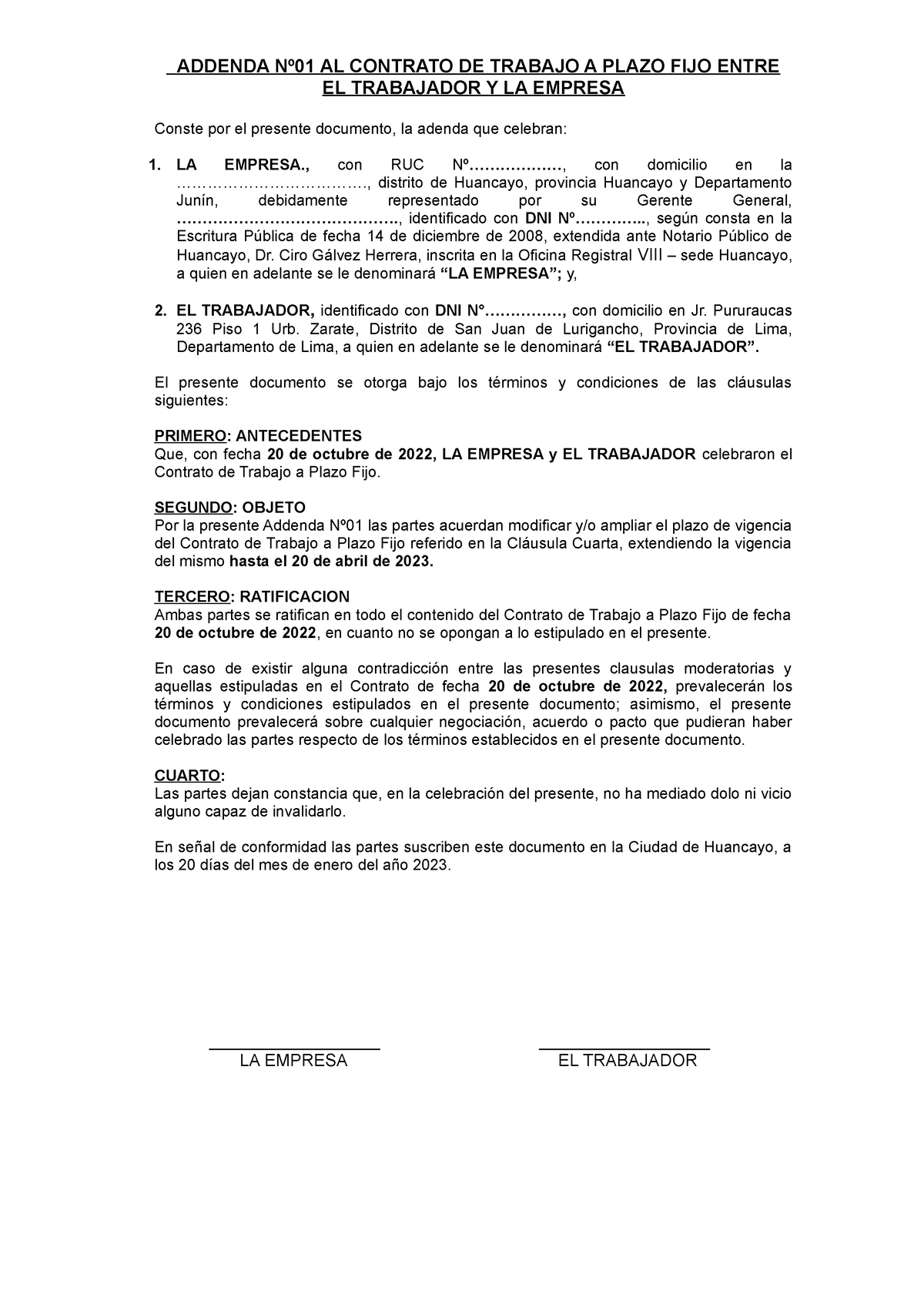 Adenda De Contrato Addenda Nº01 Al Contrato De Trabajo A Plazo Fijo Entre El Trabajador Y La 5863