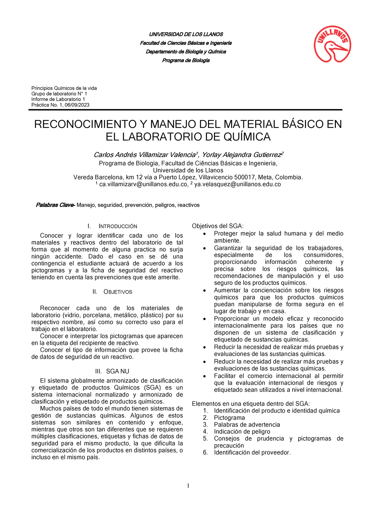 Informe Practica 1 - UNIVERSIDAD DE LOS LLANOS Facultad De Ciencias B ...