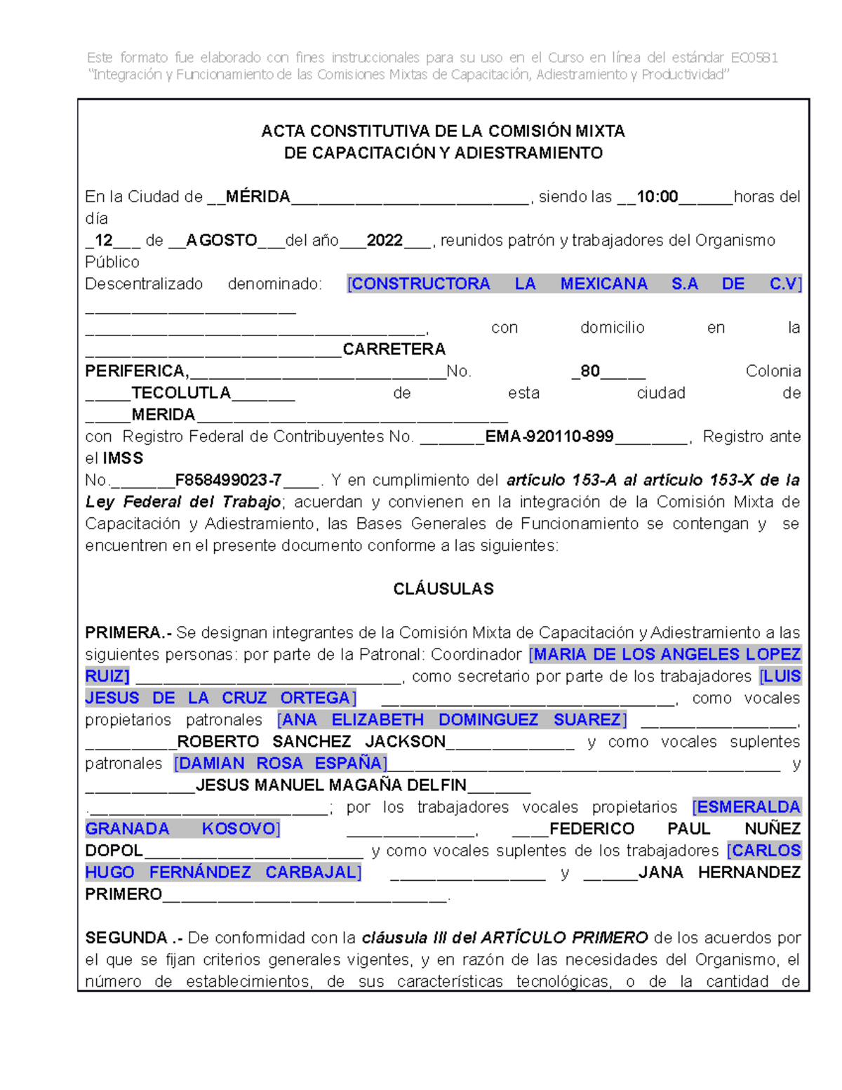 Acta Constitutiva “integración Y Funcionamiento De Las Comisiones