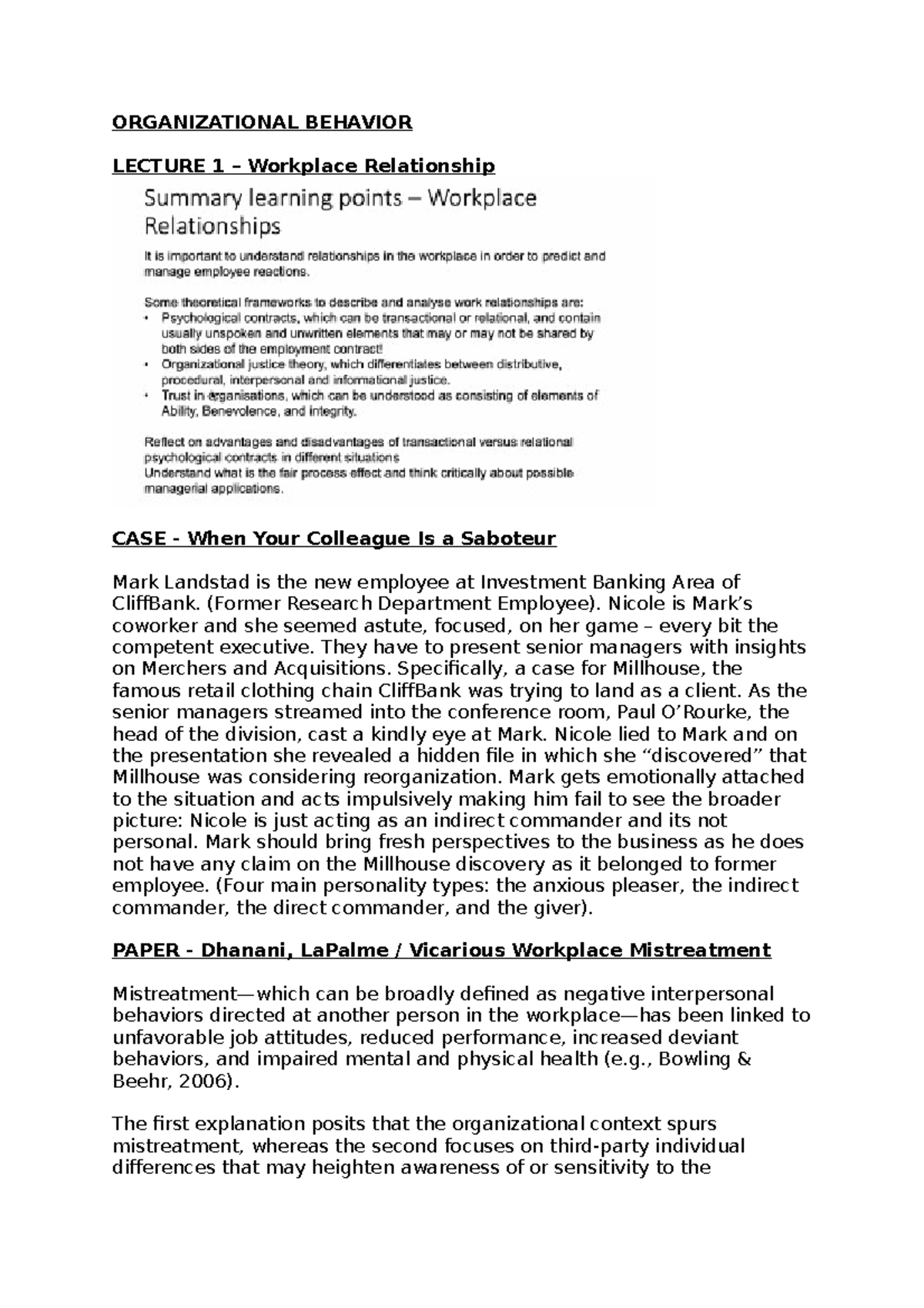 OB Notes - ORGANIZATIONAL BEHAVIOR LECTURE 1 – Workplace Relationship ...