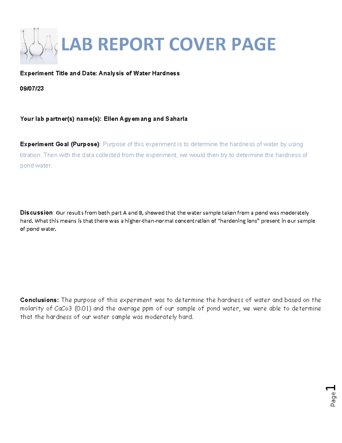 Analysis Of Water Hardness Lab Report Chamberlin - Experiment Title And ...